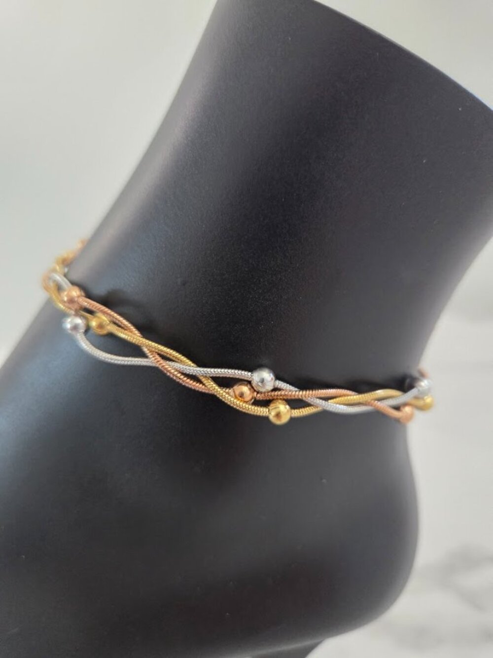 Tri-Tone Beaded Snake Chain Anklet Braided Gold Rose Gold Silver
